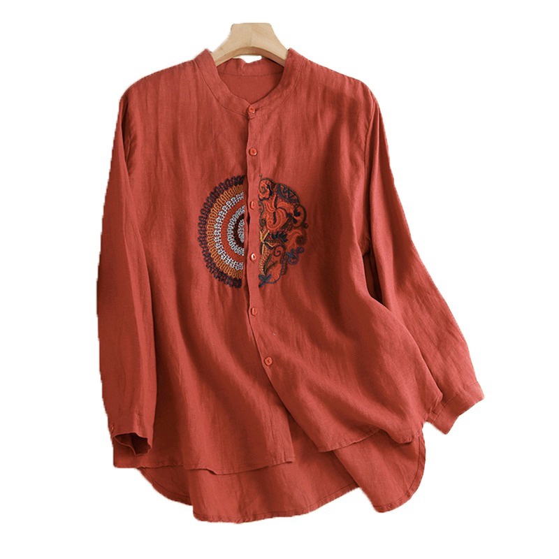 Ice cotton linen women's shirt ethnic style embroidered linen long-sleeved tops pick up ~ Japanese original single
