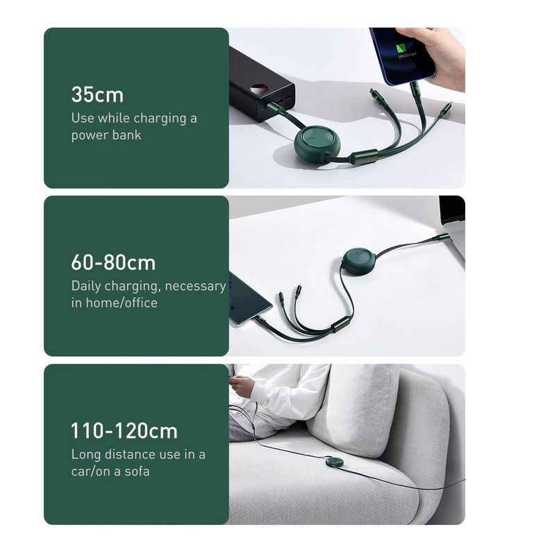 Dây sạc nhanh 3 đầu 100W Baseus dây rút type c ip micro usb - Cáp 3 trong 1 dùng cho iphone samsung laptop ...