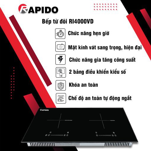 Bếp từ đôi RI4000VD / RI4000VS Rapido, 2 vùng bếp nấu công suất 2000W, Chính hãng