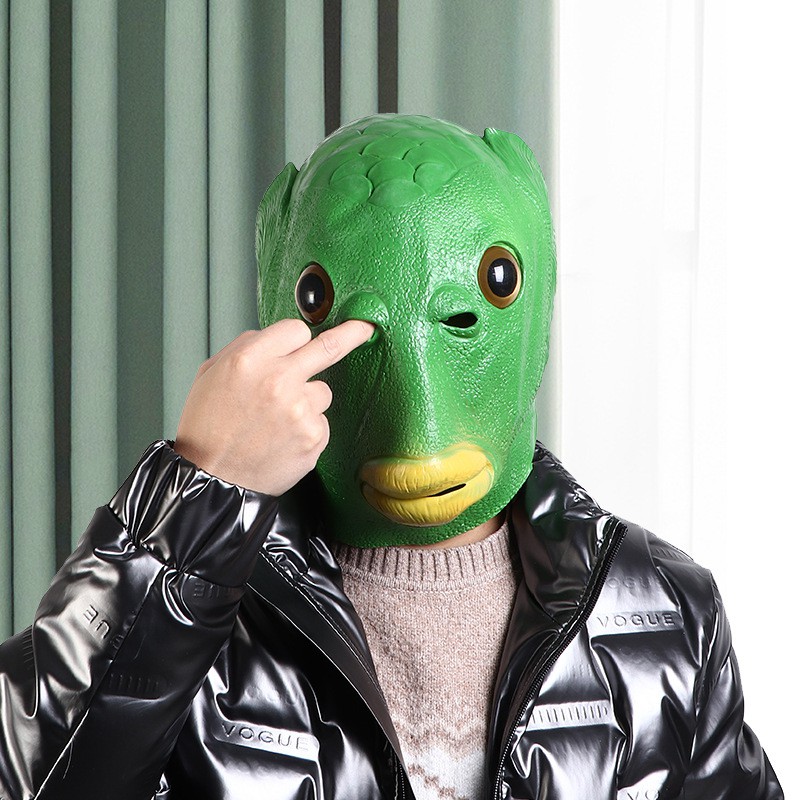 Mặt nạ trùm đầu hóa trang quái vật đầu cá màu xanh lá phù hợp cho Halloween