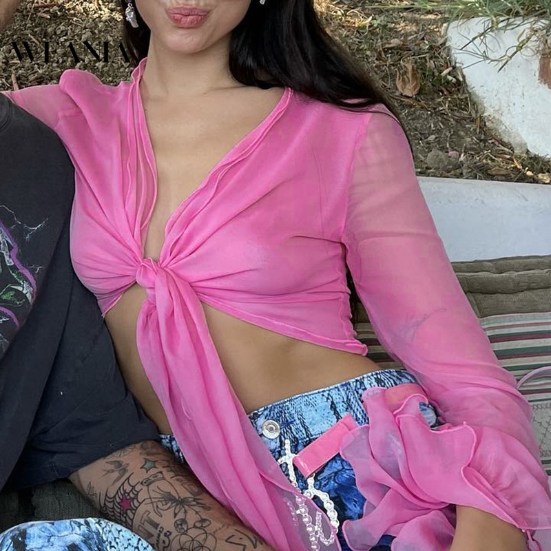 Áo Voan Dài Tay Cổ Chữ V Xinh Xắn Dành Cho Nữ