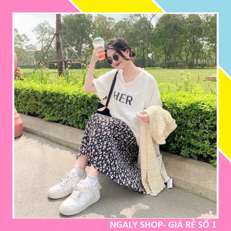 Set Váy Hoa Nhí Áo Phông Chân Váy Chữ A[FREESHIP] Áo thun tay lỡ form rộng đầm hoa dài nữ màu đen