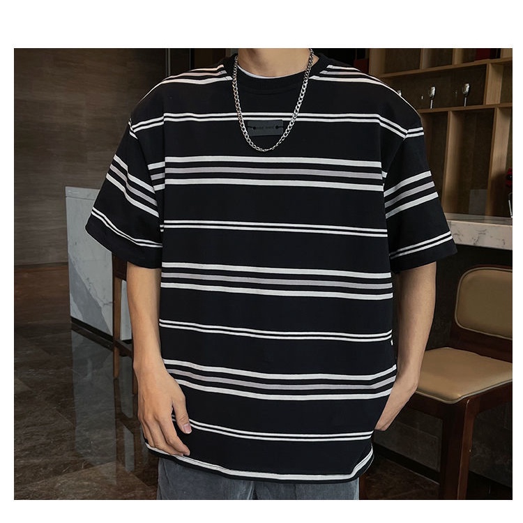 Áo Thun Cotton Ngắn Tay Dáng Suông Cổ Tròn Kẻ Sọc Trắng Đen Phong Cách Harajuku Nhật Bản Cho Nam