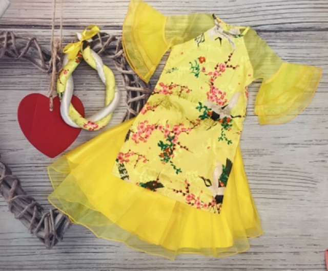 Set áo dài bé gái chất voan kiếng size 12-14kg