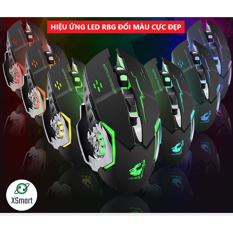 Chuột Không Dây Gaming Wolf X8 LED 7 Màu RGB, Pin Có Thể Sạc Dùng Cực Lâu, Chuột Chơi Game Không Dây