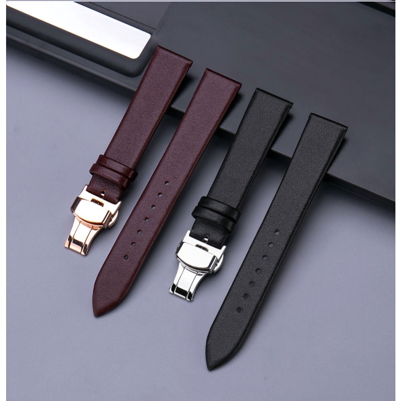Dây Đeo Đồng Hồ Bằng Da Mềm Mỏng Có Khóa Kim Loại Màu Vàng Hồng 10/12/13/14/15/16/17/19/20/21/22mm