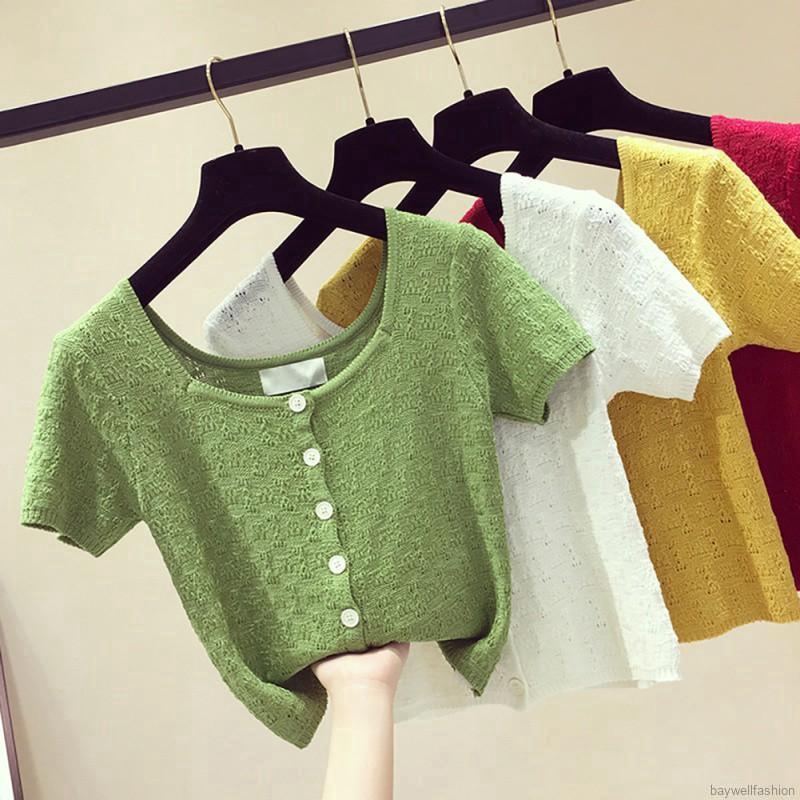 [Baywellfashion]Áo dệt kim tay ngắn phối nút thiết kế đơn giản hợp thời trang | BigBuy360 - bigbuy360.vn