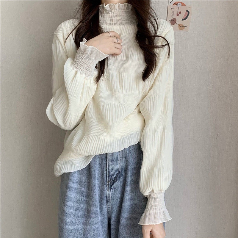 Mới Áo Sơ Mi Chiffon Cổ Cao Phối Ren Lưới Thời Trang