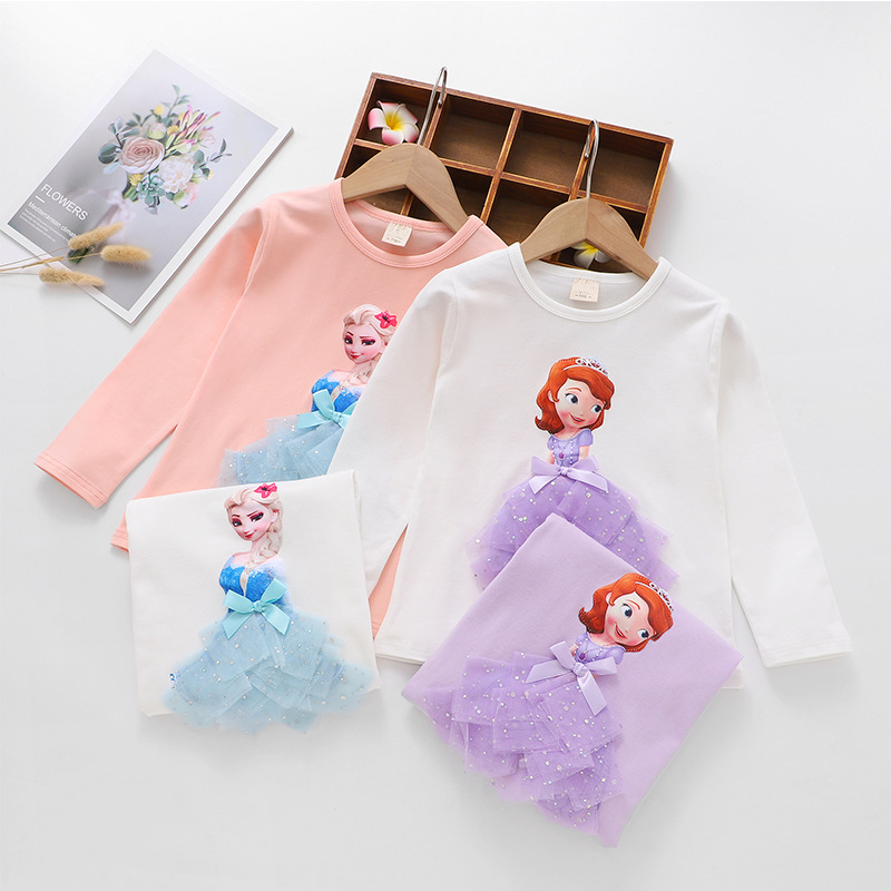 Trẻ em gái 3-7 tuổi Mùa xuân Áo thun dài tay Phim hoạt hình Ba chiều Aisha Cotton Top Quần áo