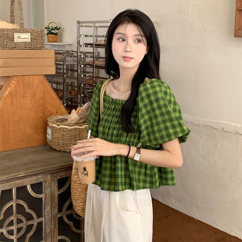Áo Sơ Mi Tay Ngắn Phồng Họa Tiết Sọc Caro Thời Trang Mùa Hè 2022 Phong Cách Hàn Quốc Cho Nữ
