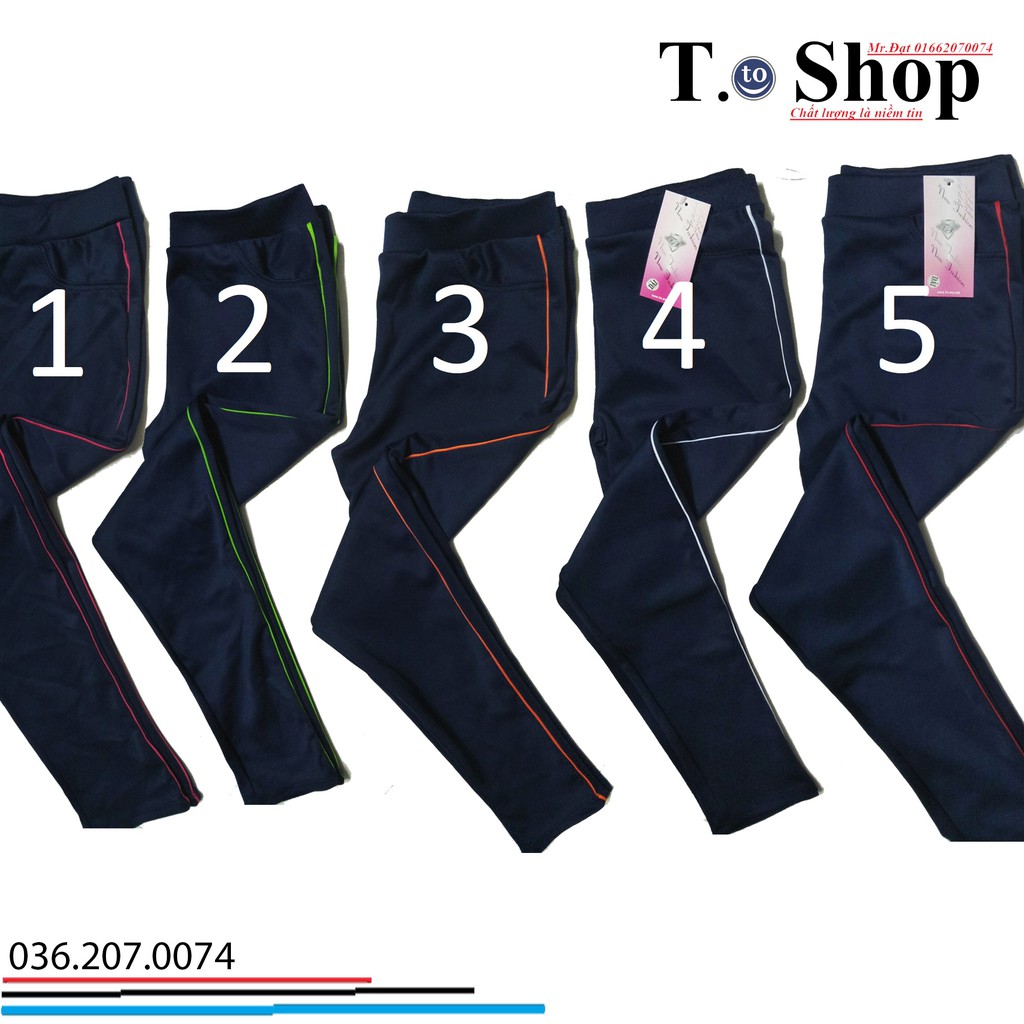 Quần thun nữ - legging màu XANH ĐEN 5 VIỀN (Ôm body, quần màu xanh đen viền sọc màu Đỏ - trắng - cam - xanh - hông)