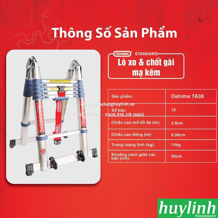 Thang nhôm rút đôi chữ A Oshima TA-38 - 3.8 mét