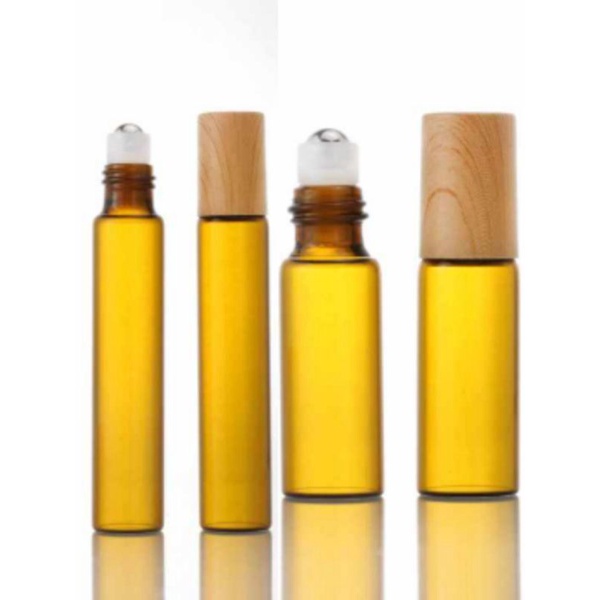 Vỏ chai thủy tinh nâu 10Ml 5Ml bi lăn thếp nấp giả gỗ đựng tinh dầu dubai chiết nước hoa