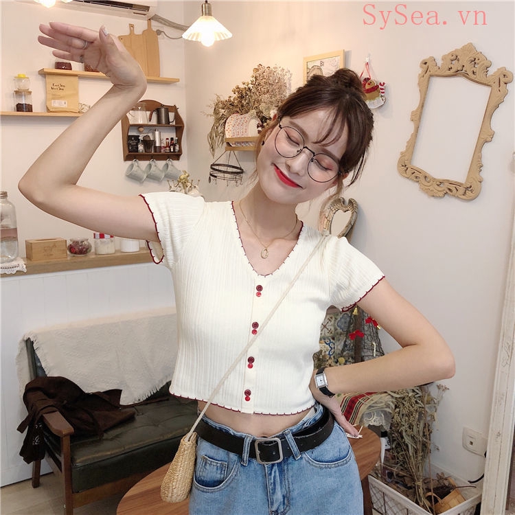 Áo Thun Lửng Tay Ngắn Cổ Chữ V Thời Trang Cho Nữ