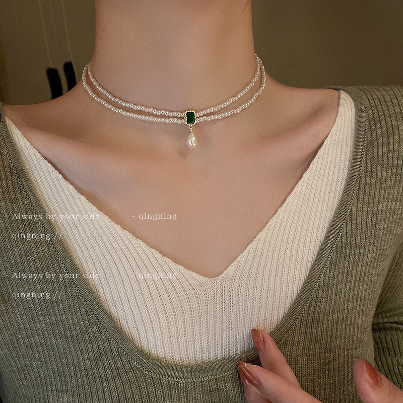 DREJEW Dây chuyền hai lớp đính ngọc trai và đá hình vuông phong cách cổ điển thời trang cho nữ