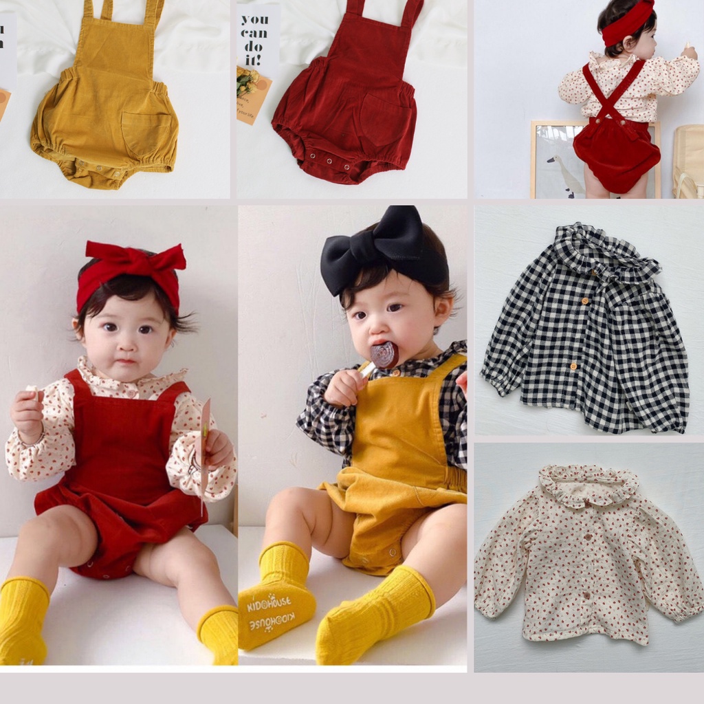 Quần yếm cho bé gái kèm áo yếm dài tay chất liệu nhung mịn màu đỏ vàng cho bé 4-13kg