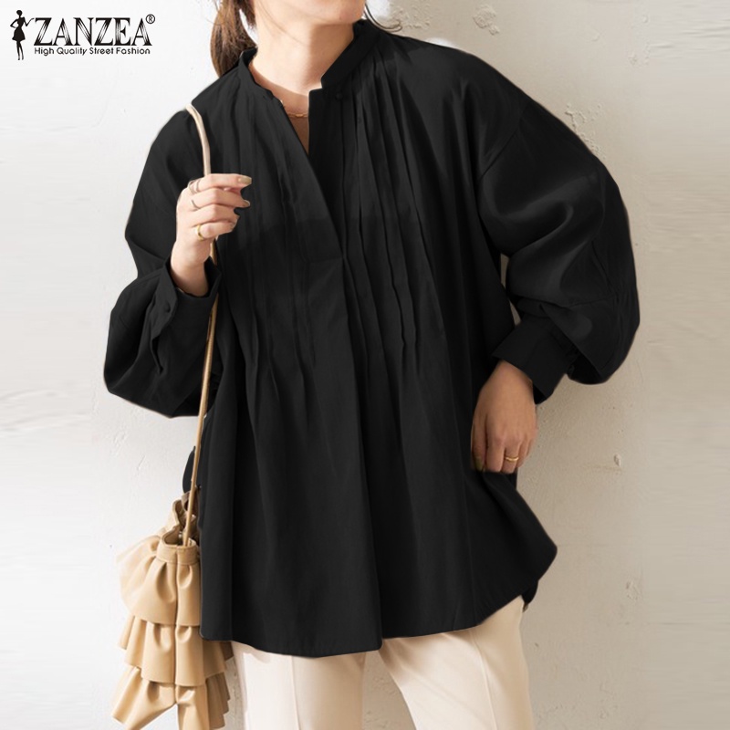 Áo kiểu ZANZEA tay dài phồng cổ tròn cài nút dáng rộng phong cách vintage thời trang dành cho nữ