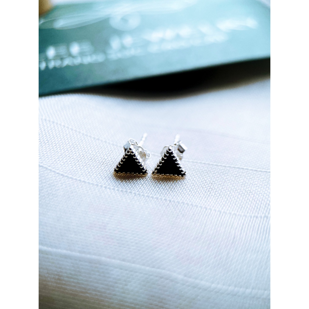 Khuyên tai bạc nữ TLEE hình đá đen viền bo hạt sáng mini TleeJewelry B0292