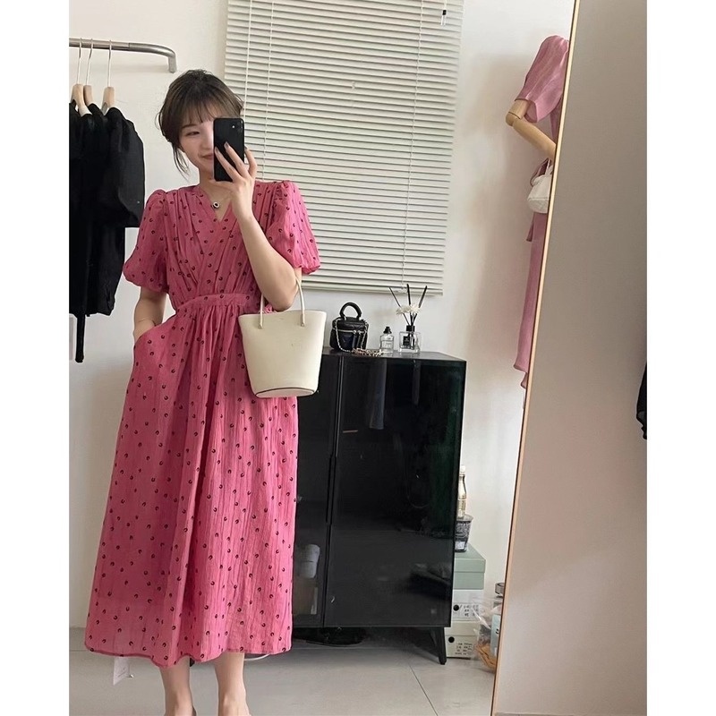 Đầm Voan Tay Ngắn Phồng Cổ Chữ V Nhấn Eo In Họa Tiết Thời Trang Mùa Hè Kiểu Pháp 2022 Mới