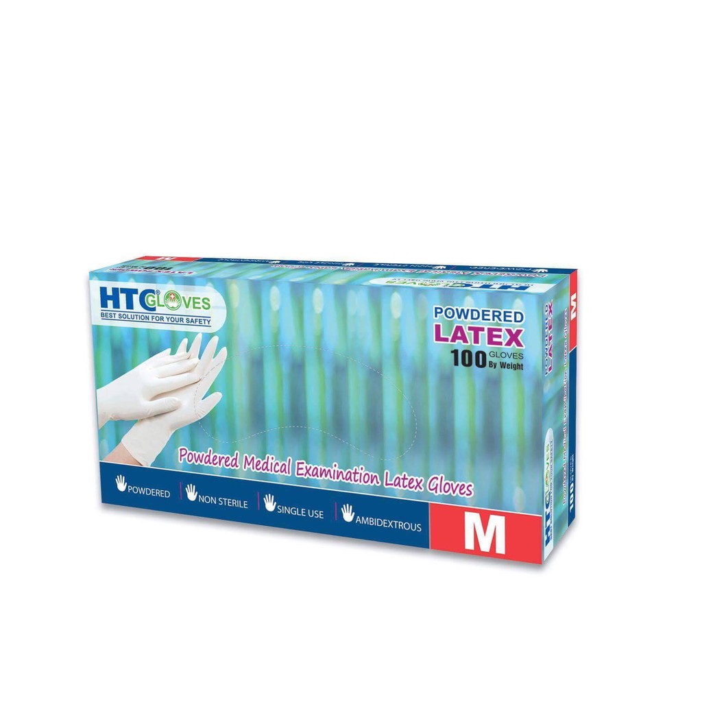 Găng Tay Cao Su Y Tế HTC Glove Latex Có Bột - Màu Trắng (White) Đủ Size S M L Hộp 100 Chiếc - Cao Su Tự Nhiên
