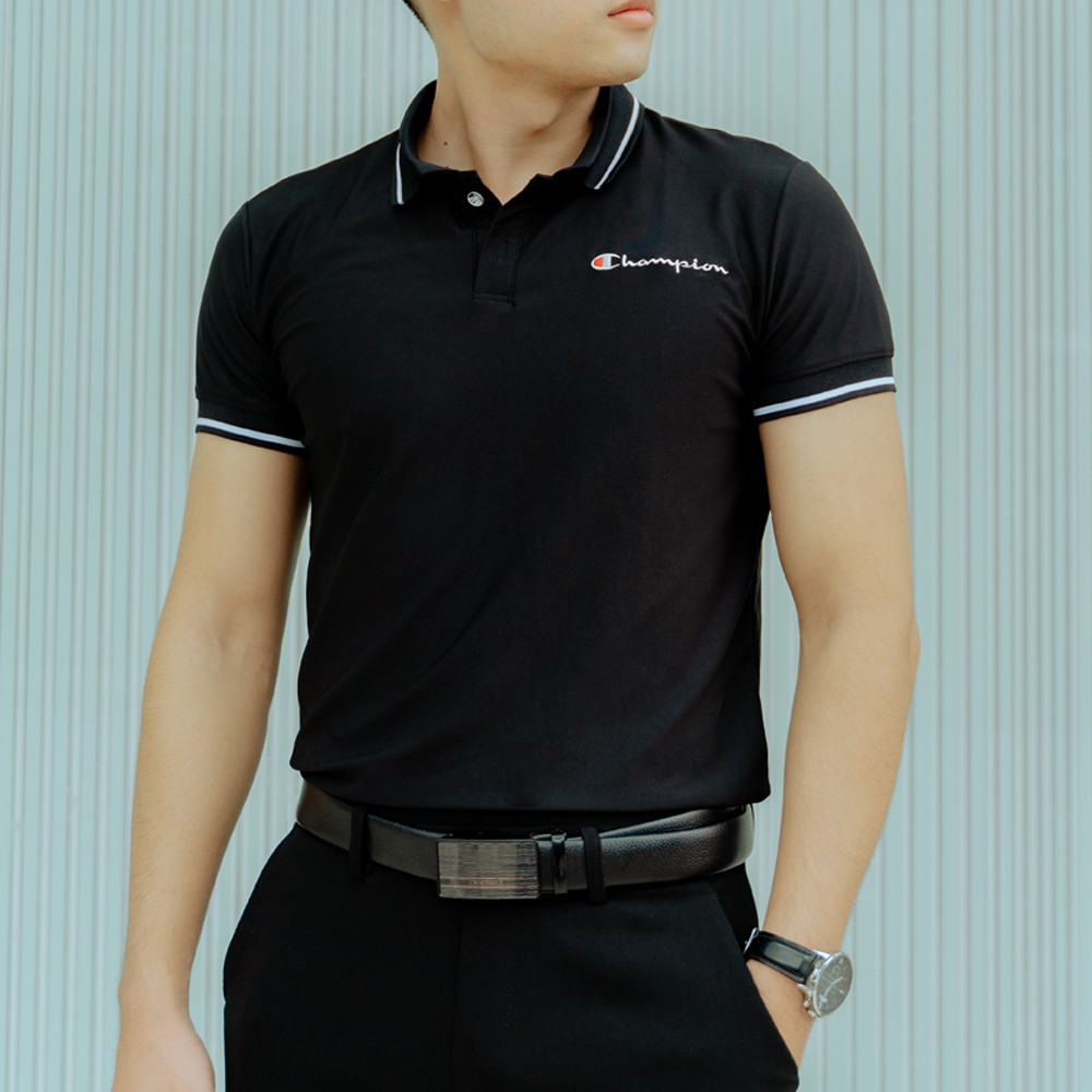 Áo thun nam POLO  thêu chữ Champion cotton lạnh sang trọng đen- Glory A30521DE