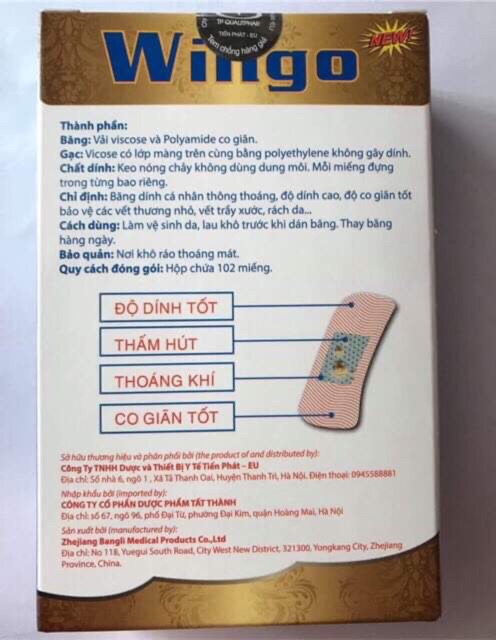 Băng keo cá nhân Wingo 102 miếng - chứng nhận chất lượng bởi CHLB ĐỨC