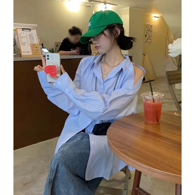 [Delivery Within 48 Tiếng] Áo Sơ Mi Dài Tay Hở Vai Kẻ Sọc Kiểu Hàn Quốc Cho Nữ