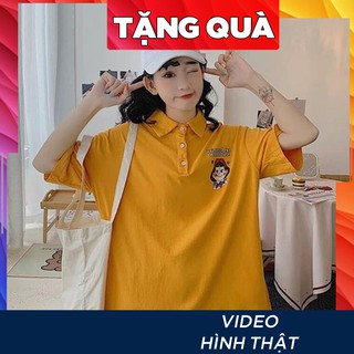 Áo thun nữ POLO tay lỡ có cổ phông form rộng freesize dáng unisex mặc đi học, cặp, nhóm, lớp in hình PEKO màu vàng