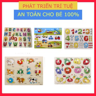 Combo 5 Bảng núm gỗ Chữ Cái, Số, Động Vật, Hoa Quả, Xe Cho Bé