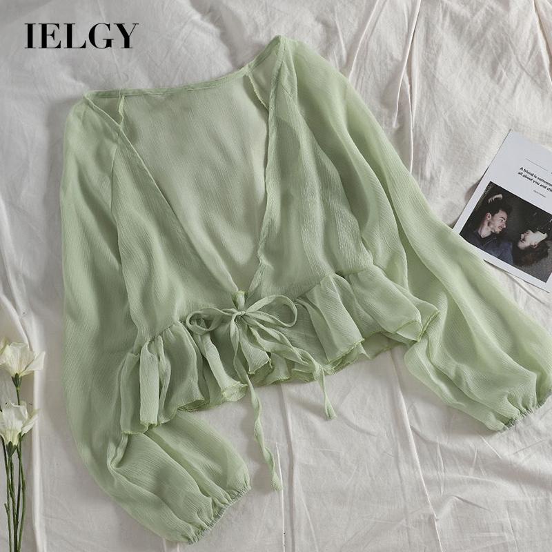 Áo sơ mi chiffon IELGY dáng ngắn tay dài có dây buộc diềm xếp nếp độc lạ cho nữ