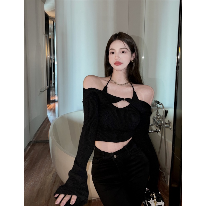 Cocory vn Bộ áo dệt kim và áo choàng tay dài thời trang quyến rũ dễ phối đồ