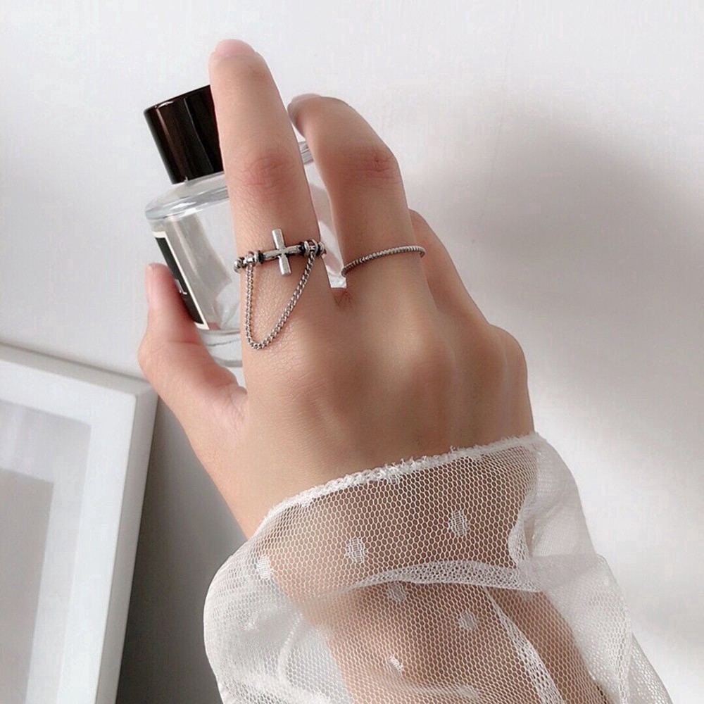 Nhẫn trang trí cây thập tự và dây xích kiểu cổ điển thời trang Hàn Quốc cho nam và nữ