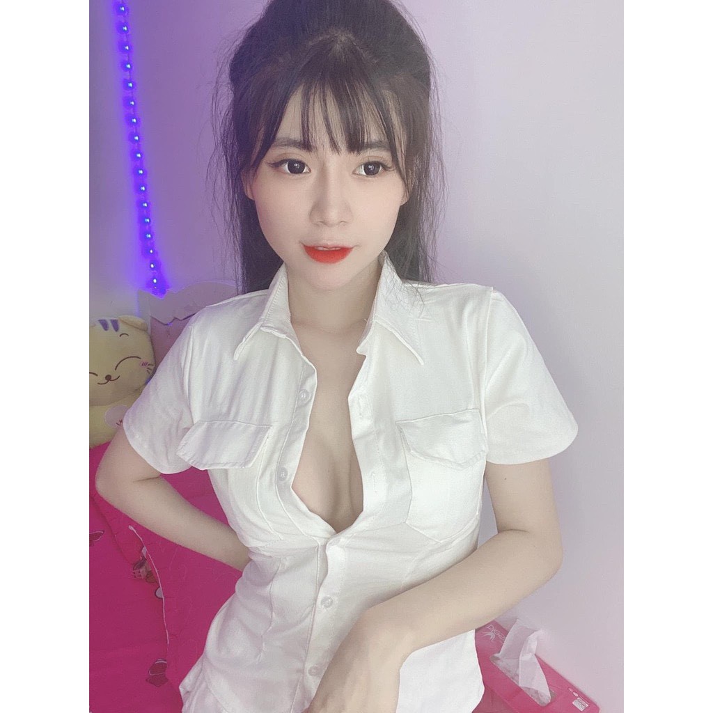 Áo sơ mi tay ngắn trơn phối 2 túi trước ngực , chất kate lụa mềm mịn mát ( ảnh thật )