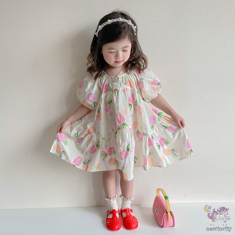 Đầm Công Chúa Tay Phồng In Hoa Dễ Thương Phong Cách Hàn Quốc Cho Bé Gái
