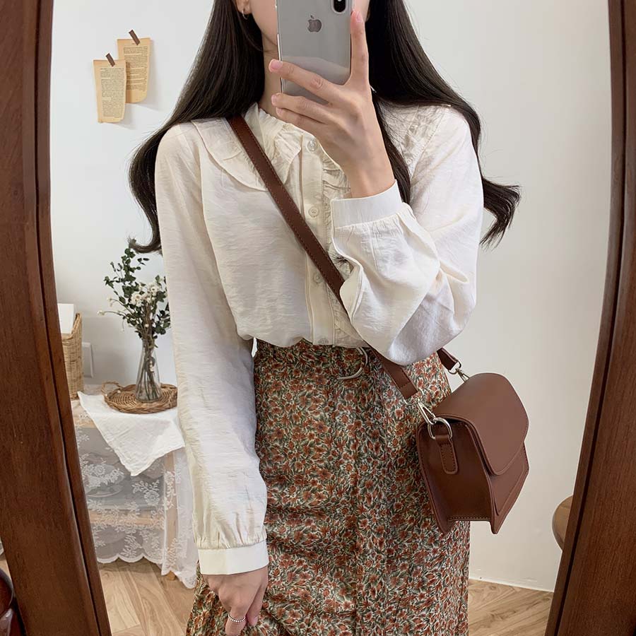 Áo Sơ Mi Dài Tay Cổ Búp Bê Màu Trơn Đơn Giản 30680