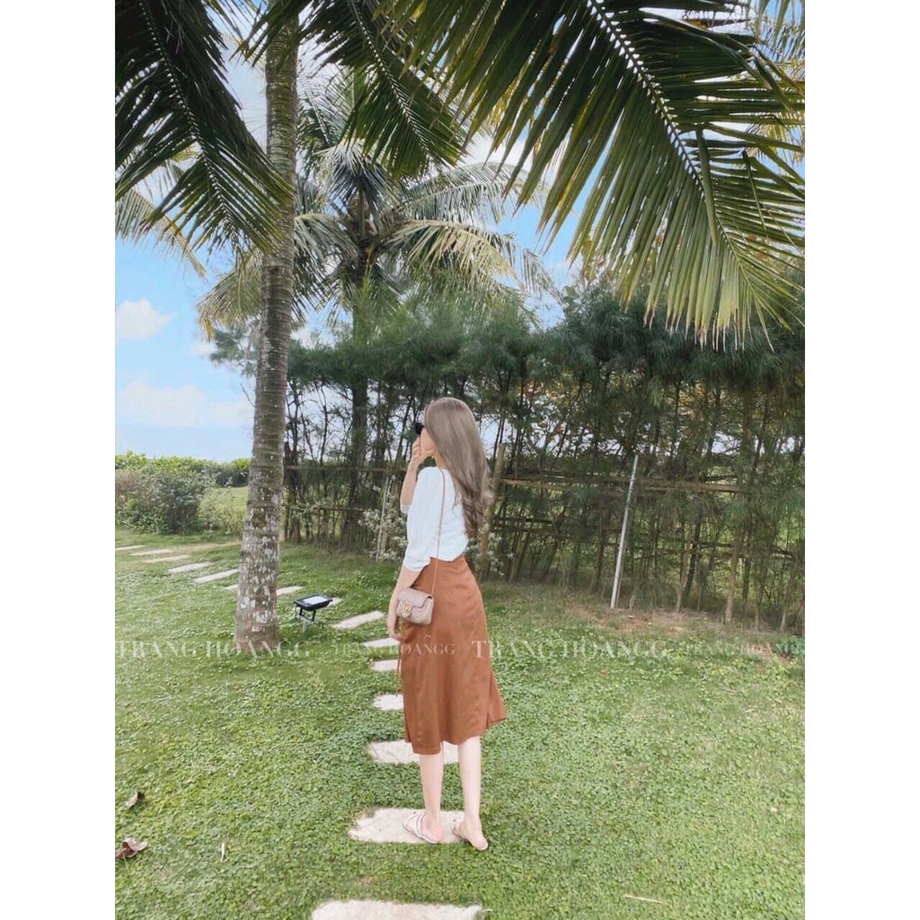 SET ÁO SƠ MI TRẮNG ĐŨI MIX CHÂN VÁY NÂU RÚT DÂY CHO NỮ - ÁO ĐŨI TRẮNG ULZZANG