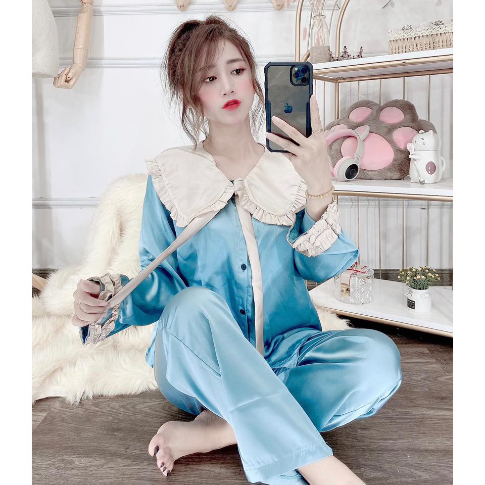 Đồ Bộ Pijama - Bộ Lụa Tay Dài Tiểu Thư Cổ Nơ | BigBuy360 - bigbuy360.vn