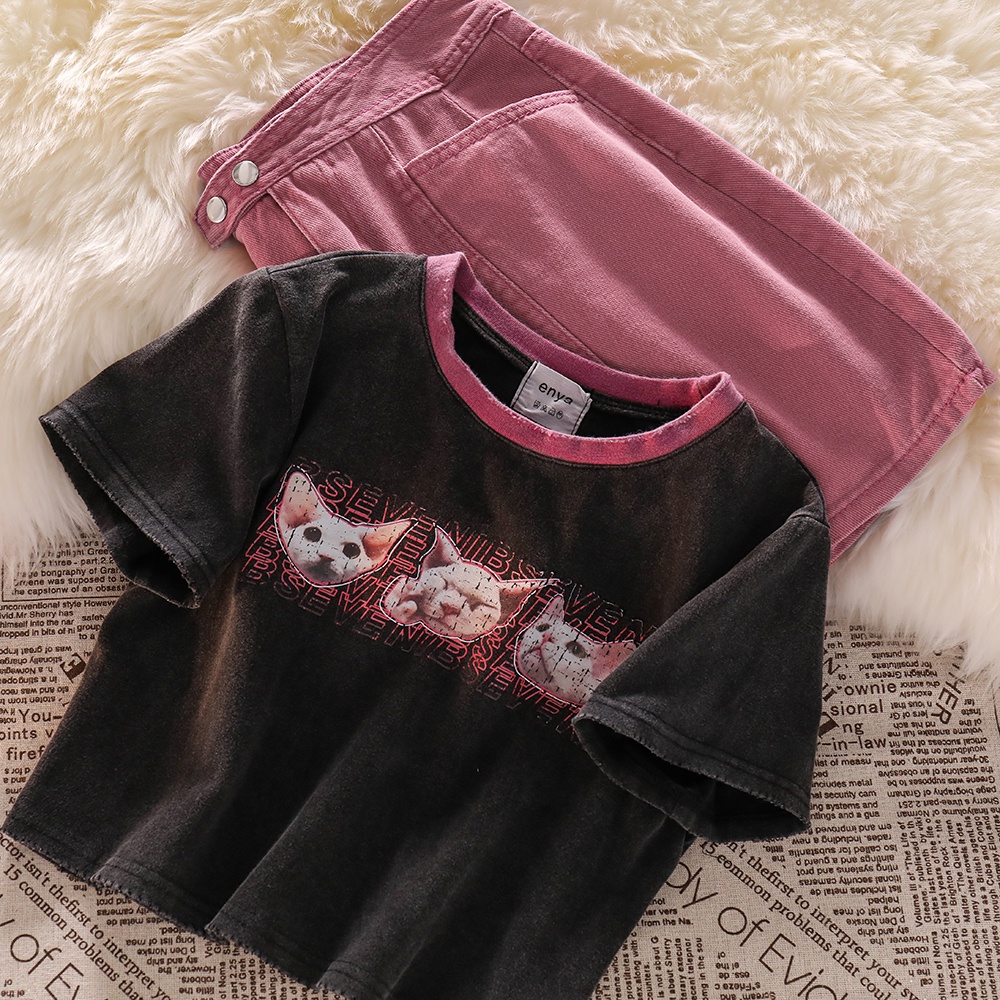 NUZIRO  Áo thun ngắn tay + chân váy lưng cao  thời trang nữ