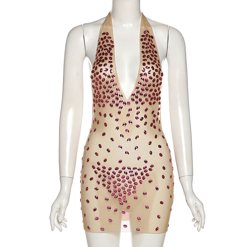 DUNEA Đầm Cổ Yếm Hở Lưng Phối Lưới Màu Sắc Tương Phản Quyến Rũ Cho Nữ