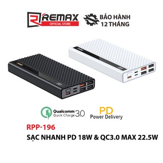 Pin sạc dự phòng Hunyo series II Remax RPP-196 20000mAh sạc nhanh PD QC3.0 4 cổng USB max 22.5W