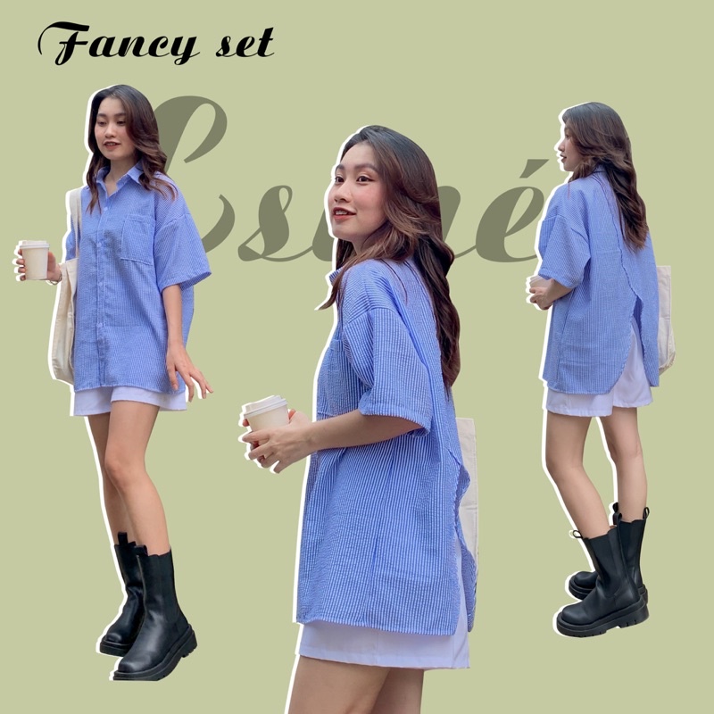 Esmeecloset set đồ 2 món áo sơ mi xẻ tà phía sau và quần kaki trắng freesize