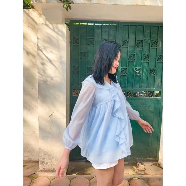 Áo babydoll sơ mi voan bèo xanh tiểu thư điệu đà Maitrangshop92 – (TTA88)