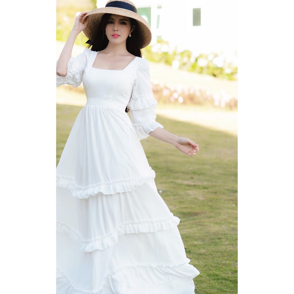 [🌼Hàng sẵn] Đầm maxi vàng đan dây hở lưng tay dài du lịch hottrend | BigBuy360 - bigbuy360.vn