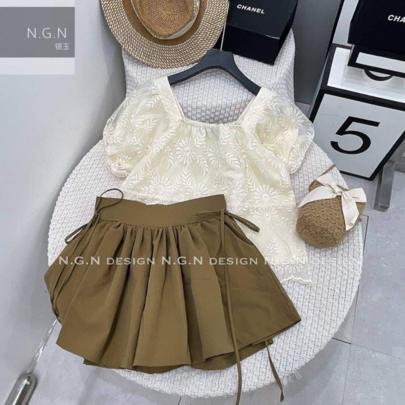 Set Áo Ren Tay Bồng Cổ Vuông + Chân Váy Xoè Buộc Nơ QCCC