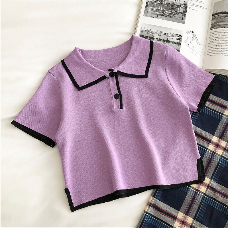 Lapel Knitted Women's T-shirt Korean Version Slim Fashion Short-sleeved Top | BigBuy360 - bigbuy360.vn