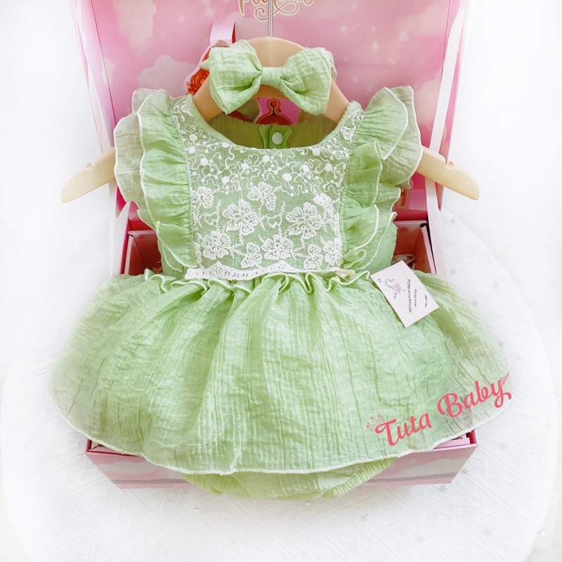 Bodysuit Cho Bé Gái Màu Xanh, Thiết Kế Ren Ngực Sang Chảnh, Body Cho Bé Kèm Turban