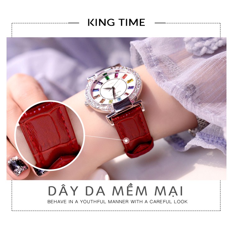 Đồng hồ nữ dây da King Time mặt đính 7 màu cực đẹp