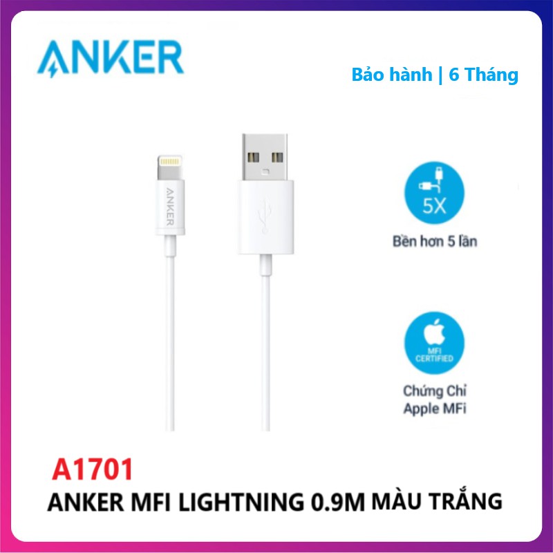 Cốc Sạc 2 Cổng Anker PowerPort Mini 12W - A2620 / Dây cáp sạc Lightning Chuẩn MFi Anker 0.9m