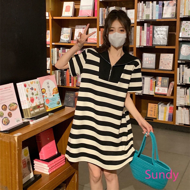 Đầm Kẻ Sọc Thời Trang Mùa Hè Hàn Quốc Cổ Điển Kích Cỡ Lớn Cho Nữ