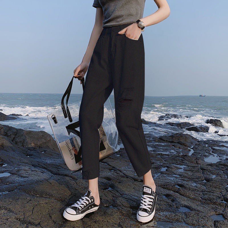 Pants White Jeans ins-Style Temperament Jeans High-Waist Was Thin -Loose-Fit Large Size Harem Pants Thin